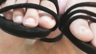 Wife gives Foot Job in Sexy Heels, her Long Toes Rubbing Rock Hard Cock