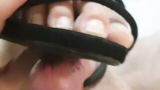 Wife gives Foot Job in Sexy Heels, her Long Toes Rubbing Rock Hard Cock