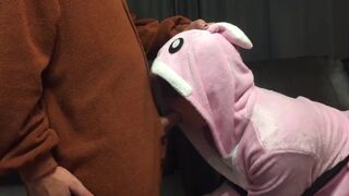 Bunny Onesie Gagging on Cock Tied up on Couch