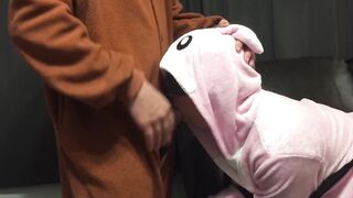 Bunny Onesie Gagging on Cock Tied up on Couch