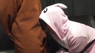 Bunny Onesie Gagging on Cock Tied up on Couch