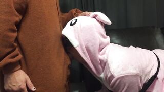 Bunny Onesie Gagging on Cock Tied up on Couch