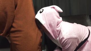 Bunny Onesie Gagging on Cock Tied up on Couch