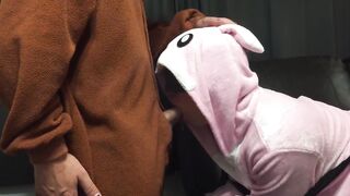 Bunny Onesie Gagging on Cock Tied up on Couch