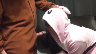 Bunny Onesie Gagging on Cock Tied up on Couch