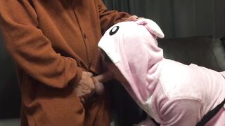 Bunny Onesie Gagging on Cock Tied up on Couch