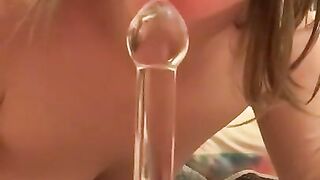 Tall Blonde MILF Spits on Glass Dildo and Plays with Tits