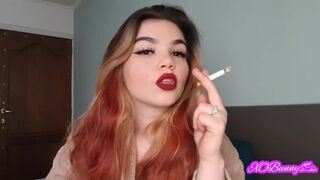 Smoking and Wearing Red Lipstick on Big Juicy Natural Lips