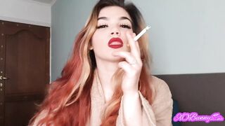 Smoking and Wearing Red Lipstick on Big Juicy Natural Lips