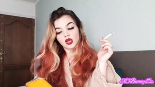 Smoking and Wearing Red Lipstick on Big Juicy Natural Lips