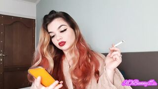 Smoking and Wearing Red Lipstick on Big Juicy Natural Lips