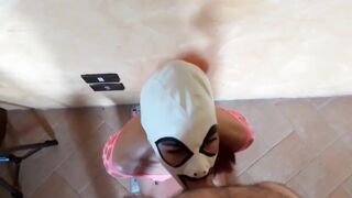 Wearing Pink Fishnet Catsuit and Pink Platform Ankle Boots. Rough POV Blowjob