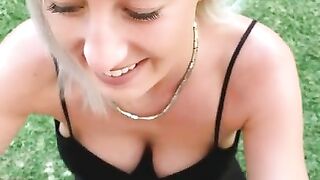 Secret outdoor blowjob during family celebration ends with cum in her mouth