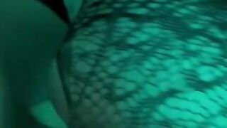 Tattooed PAWG in crotchless fishnet bodysuit takes BWC from behind