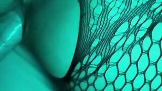 Tattooed PAWG in crotchless fishnet bodysuit takes BWC from behind