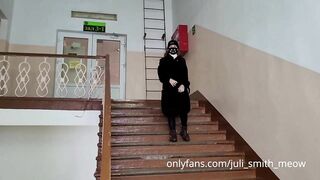 Almost caught while showing boobs on the stairs in the mall