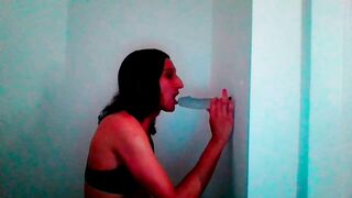 Petite Tgirl Sucks Wall Mount Dildo Lovingly #2