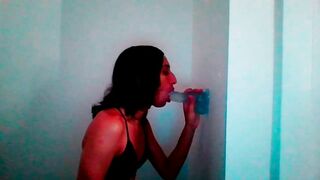 Petite Tgirl Sucks Wall Mount Dildo Lovingly #2