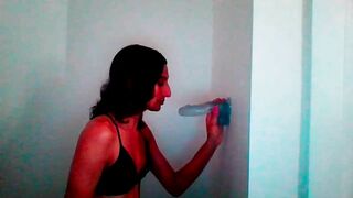 Petite Tgirl Sucks Wall Mount Dildo Lovingly #2