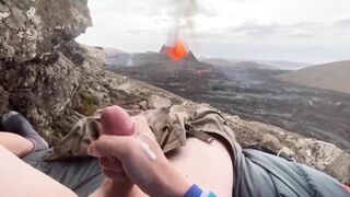 The guy masturbates to the eruption of the volcano, and then his cock spews sperm