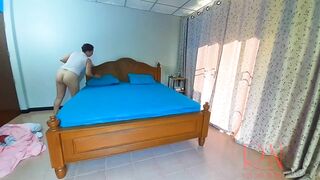 Nudist housekeeper Regina Noir makes the bedding in the bedroom. Naked maid. Naked housewife. 2