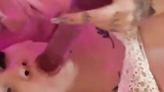 Hot tattooed girl sucking a dildo and fucks herself