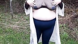 BBW bouncing fat tits in the woods