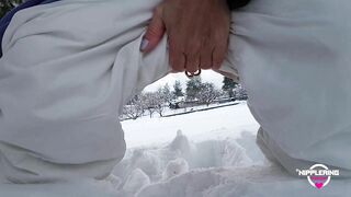 nippleringlover horny milf pissing in snow flashing pierced pussy extreme stretched nipple piercings