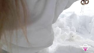 nippleringlover horny milf pissing in snow flashing pierced pussy extreme stretched nipple piercings