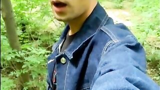 Solo jerk off in blue jeans jacket OUTDOOR