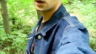 Solo jerk off in blue jeans jacket OUTDOOR