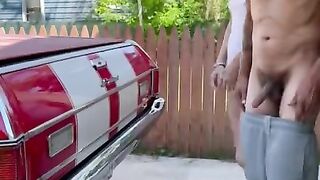 Milf sucks and fucks outside neighbor watching