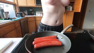 Topless housewife takes on 3 hot wieners at once