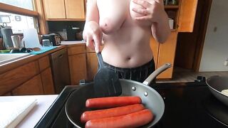 Topless housewife takes on 3 hot wieners at once