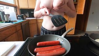 Topless housewife takes on 3 hot wieners at once