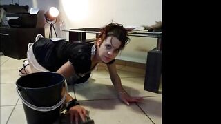 French maid gets pissed on while cleaning and cleans the mess showing her pussy and ass