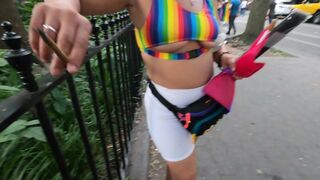 Wife under boob see through shorts at PRIDE parade