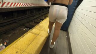 Wife see through shorts rainbow Bikini in public