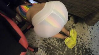 Wife see through shorts rainbow Bikini in public