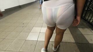 Wife see through shorts rainbow Bikini in public