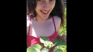 Pink Moon Teases Nipple with a Sunflower Bud Outdoors Garden outside