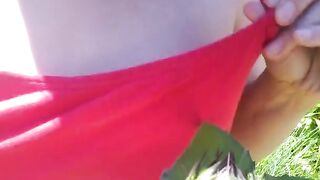 Pink Moon Teases Nipple with a Sunflower Bud Outdoors Garden outside