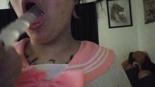 Big Tittied Goth Whore Deep Throating her Toy