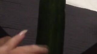 Fucking my tiny pussy with a huge cucumber and squirting everywhere while wearing ripped pantyhose