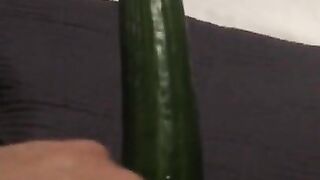 Fucking my tiny pussy with a huge cucumber and squirting everywhere while wearing ripped pantyhose