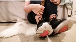 Girl takes her socks off after 12 hours walk