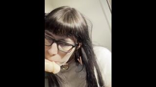 nerdy goth girl sucks strapon dick and gets slapped around