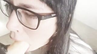 nerdy goth girl sucks strapon dick and gets slapped around