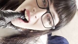 nerdy goth girl sucks strapon dick and gets slapped around