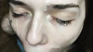 Brown eyes beauty girl loves cum on face